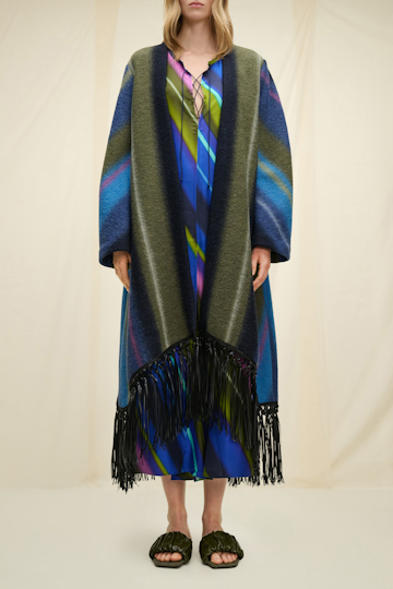 Dorothee Schumacher Striped wool blend coat with leather fringe colorful stripes